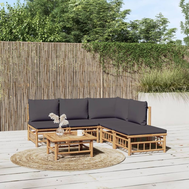 6 pcs conjunto lounge jardim bambu c/ almofadões cinza-escuro-Conjuntos de jardim-Home Retail