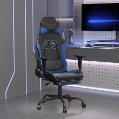 Cadeira gaming c/ apoio para pés couro artificial preto e azul