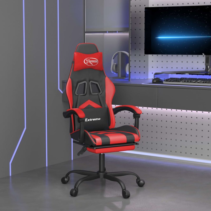 Cadeira gaming c/ apoio pés couro artificial preto e vermelho-Cadeiras de jogo-Home Retail