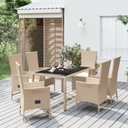 7 pcs conjunto de jantar p/ jardim com almofadões vime PE bege