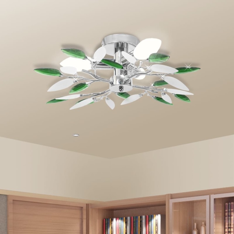 Lâmpada teto com folhas de acrílico e cristal branco & verde, 3 E14-Candeeiros de teto-Home Retail