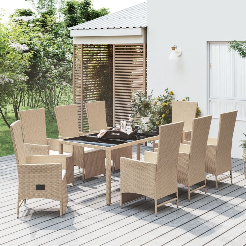 9 pcs conjunto de jantar p/ jardim com almofadões vime PE bege-Conjuntos de jardim-Home Retail