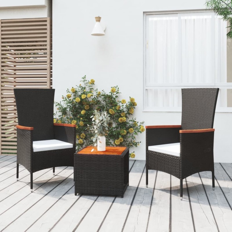 3 pcs conjunto lounge para jardim vime PE/acácia maciça preto-Conjuntos de jardim-Home Retail