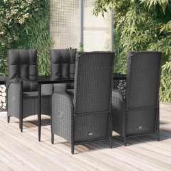 5 pcs conjunto de jantar p/ jardim c/ almofadões vime PE preto