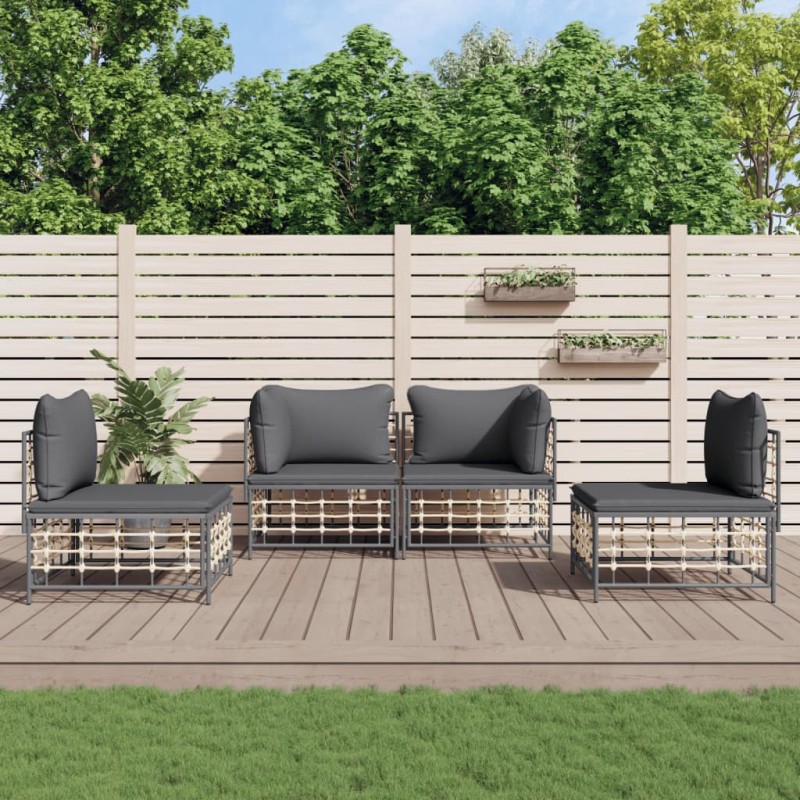 4 pcs conjunto lounge de jardim c/ almofadões vime PE antracite-Sofás para exterior-Home Retail