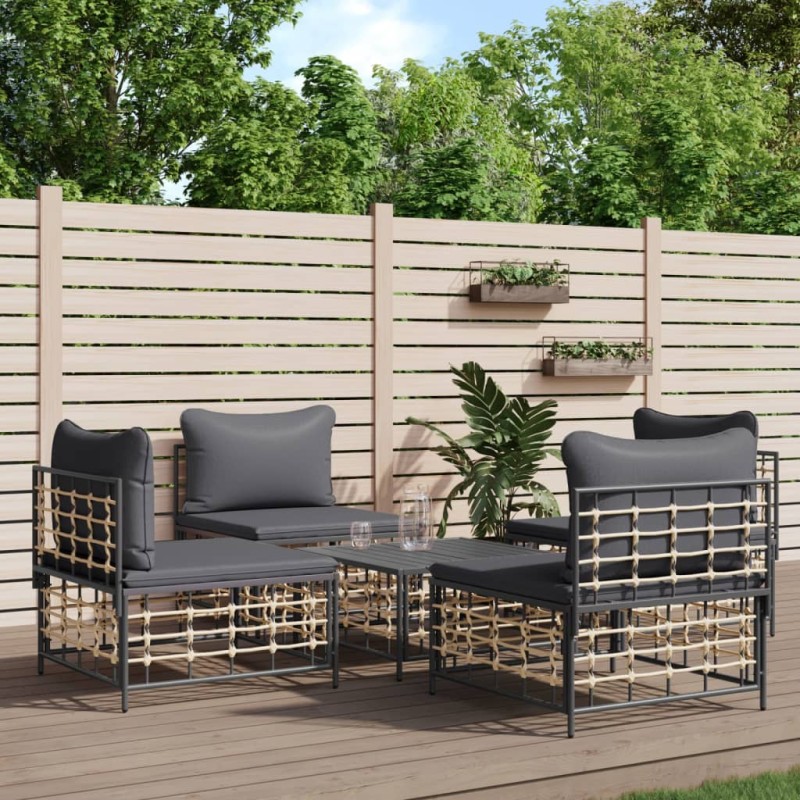 5 pcs conjunto lounge de jardim c/ almofadões vime PE antracite-Sofás para exterior-Home Retail