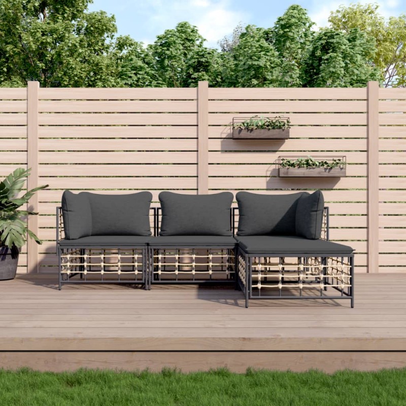 4 pcs conjunto lounge de jardim c/ almofadões vime PE antracite-Sofás para exterior-Home Retail