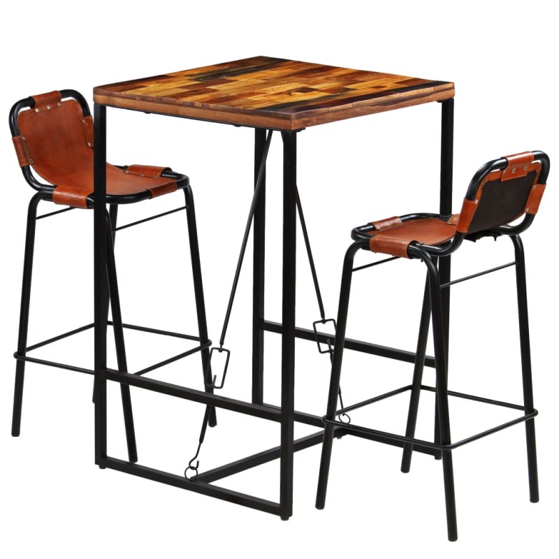 Conjunto de bar 3 pcs madeira recuperada + couro cabra genuíno-Conjuntos de móveis para cozinha e sala de jantar-Home Retail