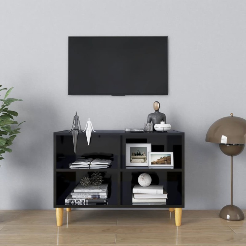 Móvel de TV c/ pernas de madeira 69,5x30x50 cm preto brilhante-Móveis de TV-Home Retail