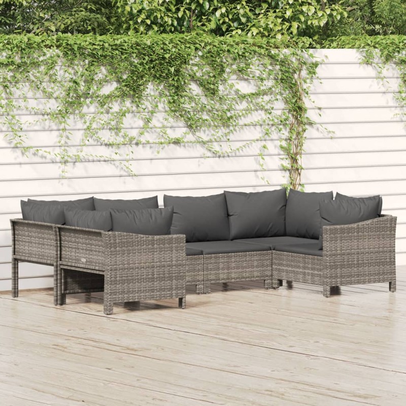 6 pcs conjunto lounge de jardim c/ almofadões vime PE cinzento-Conjuntos de jardim-Home Retail