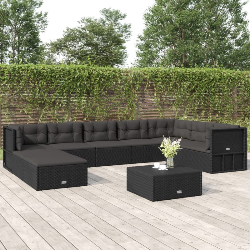 9 pcs conjunto lounge de jardim c/ almofadões vime PE preto-Conjuntos de jardim-Home Retail