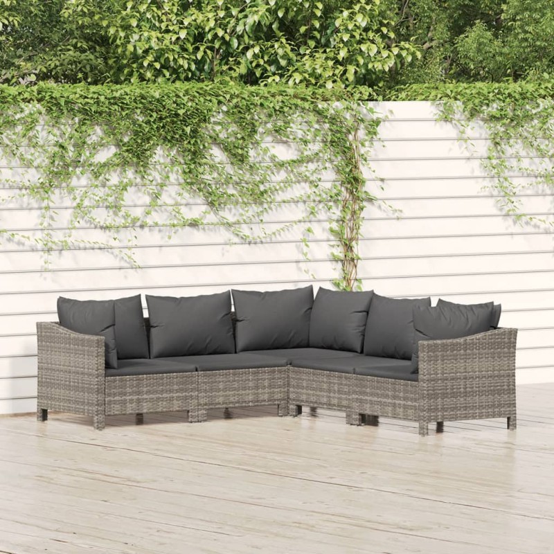 5 pcs conjunto lounge de jardim c/ almofadões vime PE cinzento-Conjuntos de jardim-Home Retail