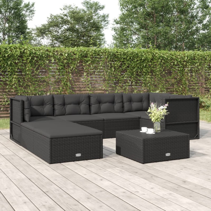 7 pcs conjunto lounge de jardim c/ almofadões vime PE preto-Conjuntos de jardim-Home Retail