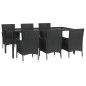 7 pcs conjunto de jantar p/ jardim c/ almofadões vime PE preto