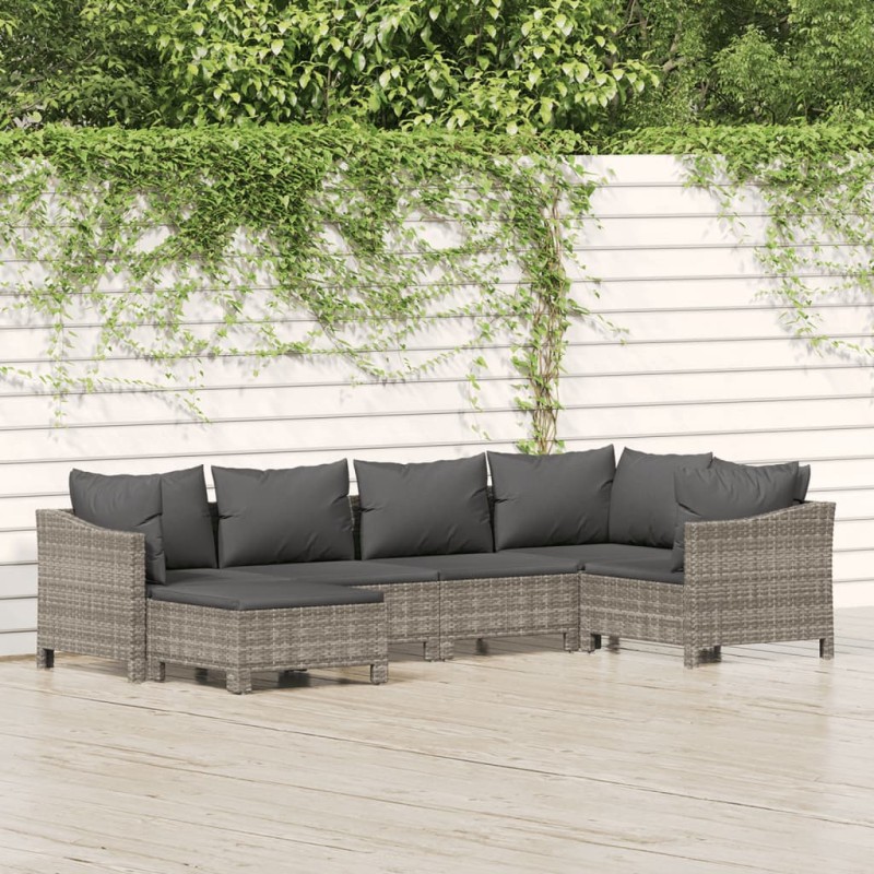 6 pcs conjunto lounge de jardim c/ almofadões vime PE cinzento-Conjuntos de jardim-Home Retail