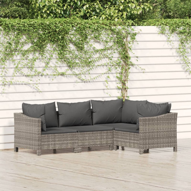 4 pcs conjunto lounge de jardim c/ almofadões vime PE cinzento-Conjuntos de jardim-Home Retail