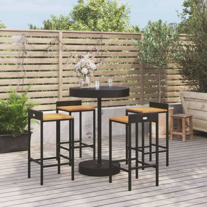 5 pcs conjunto de bar p/ jardim vime PE/acácia maciça preto-Conjuntos de jardim-Home Retail