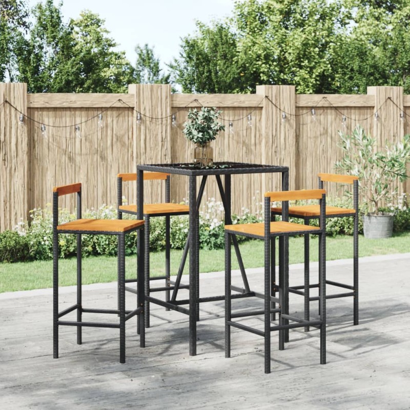 5 pcs conjunto de bar p/ jardim vime PE/acácia maciça preto-Conjuntos de jardim-Home Retail