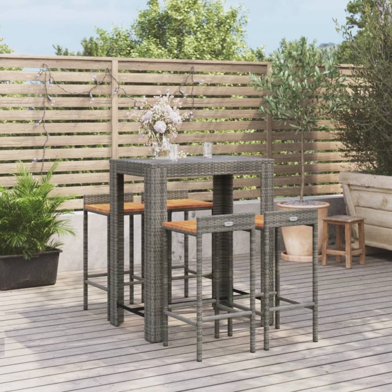 5 pcs conjunto de bar p/ jardim vime PE/acácia maciça cinzento-Conjuntos de jardim-Home Retail