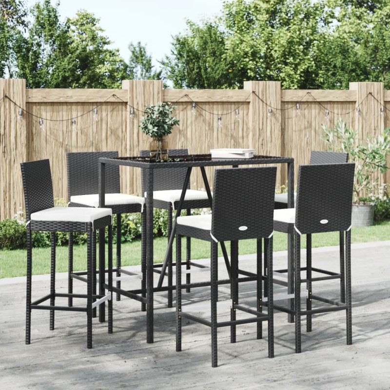 7 pcs conjunto de bar para jardim c/ almofadões vime PE preto-Conjuntos de jardim-Home Retail