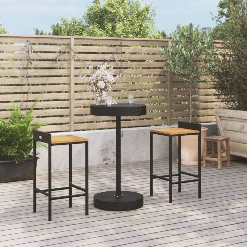 3 pcs conjunto de bar p/ jardim vime PE/acácia maciça preto-Conjuntos de jardim-Home Retail