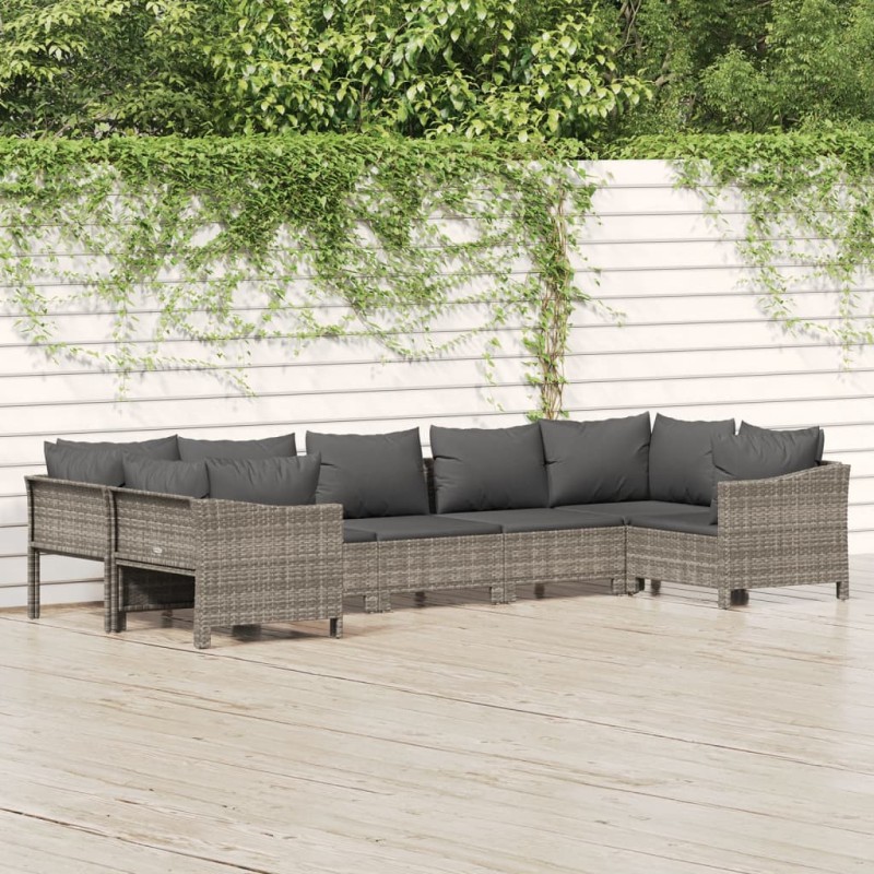 7 pcs conjunto lounge de jardim c/ almofadões vime PE cinzento-Conjuntos de jardim-Home Retail