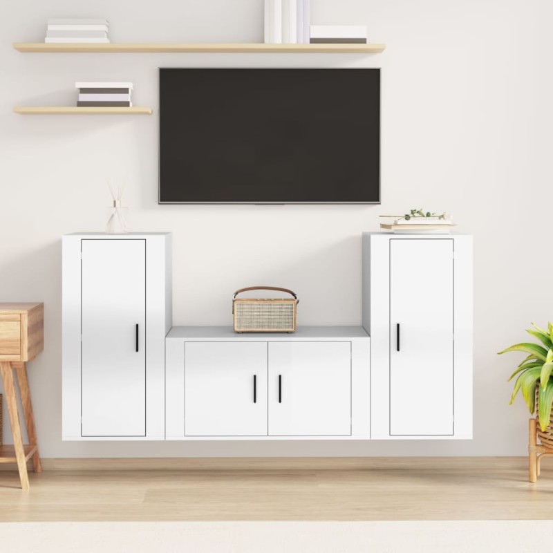 3 pcs conjunto móveis de TV madeira processada branco brilhante-Móveis de TV-Home Retail