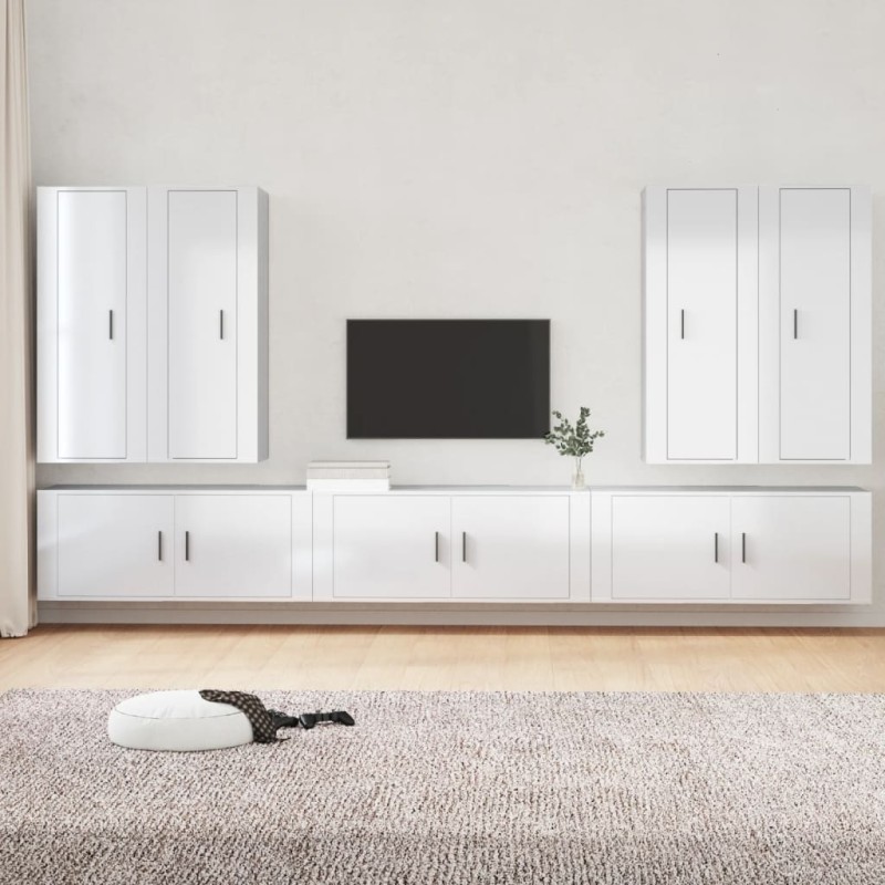 7 pcs conjunto móveis de TV madeira processada branco brilhante-Móveis de TV-Home Retail