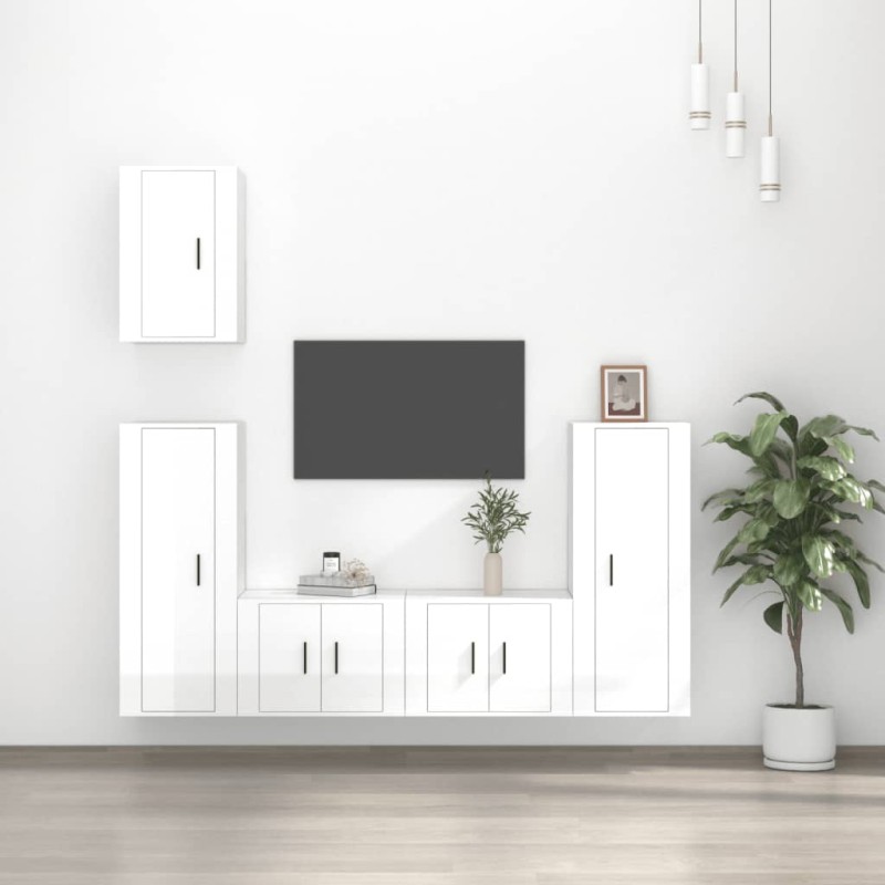 5 pcs conjunto móveis de TV madeira processada branco brilhante-Móveis de TV-Home Retail