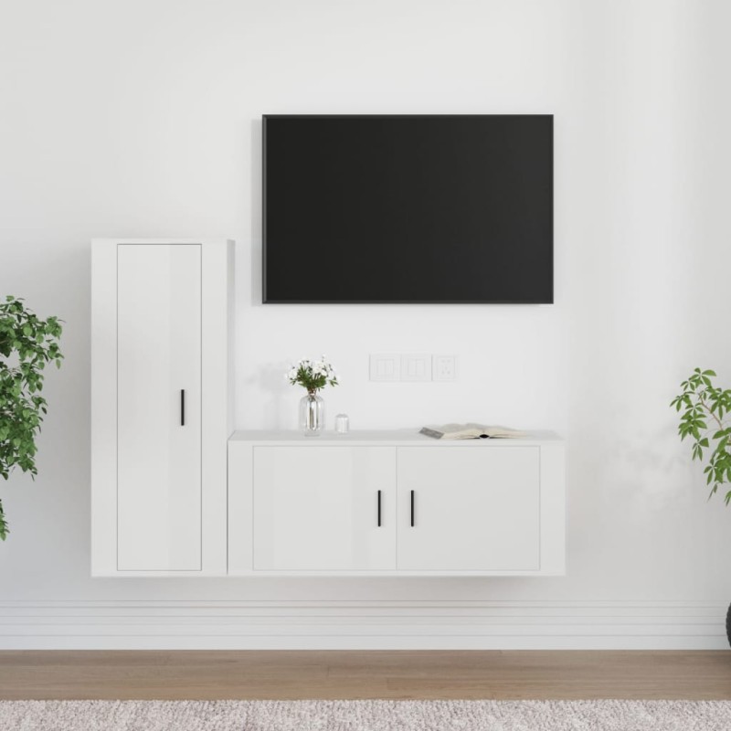 2 pcs conjunto móveis de TV derivados madeira branco brilhante-Móveis de TV-Home Retail