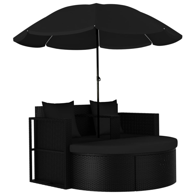 Espreguiçadeira para jardim com guarda-sol vime PE preto-Camas de jardim-Home Retail