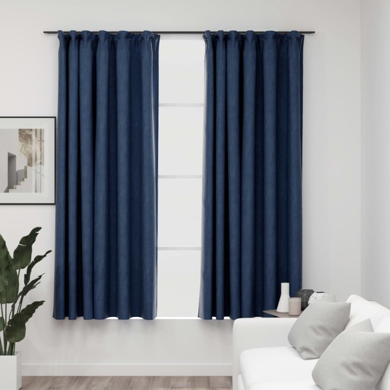 Cortinas opacas aspeto linho c/ ganchos 2 pcs 140x175 cm azul-Persianas e cortinas-Home Retail