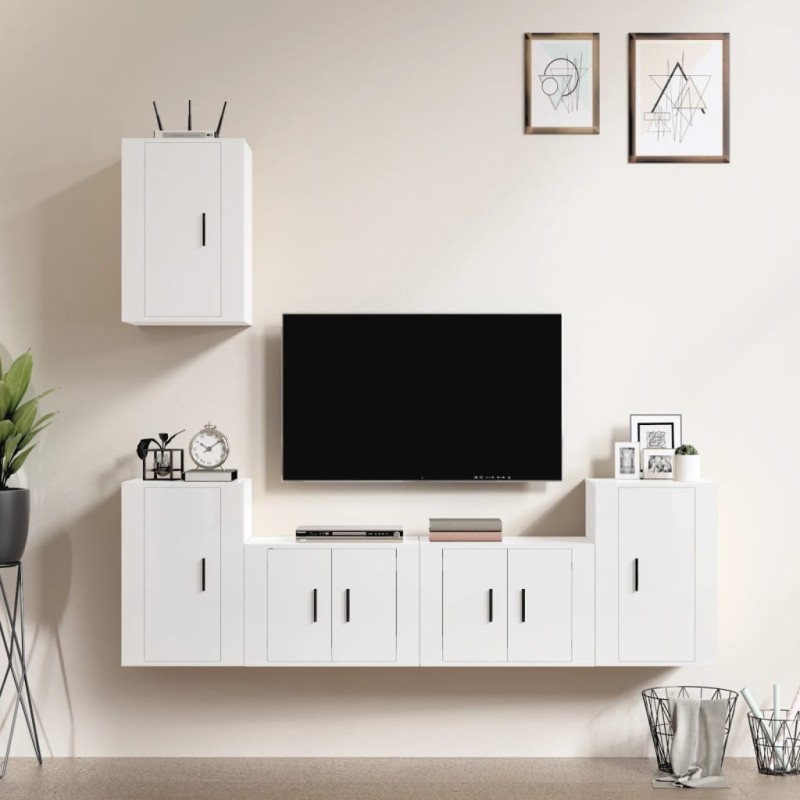 5 pcs conjunto móveis de TV madeira processada branco brilhante-Móveis de TV-Home Retail