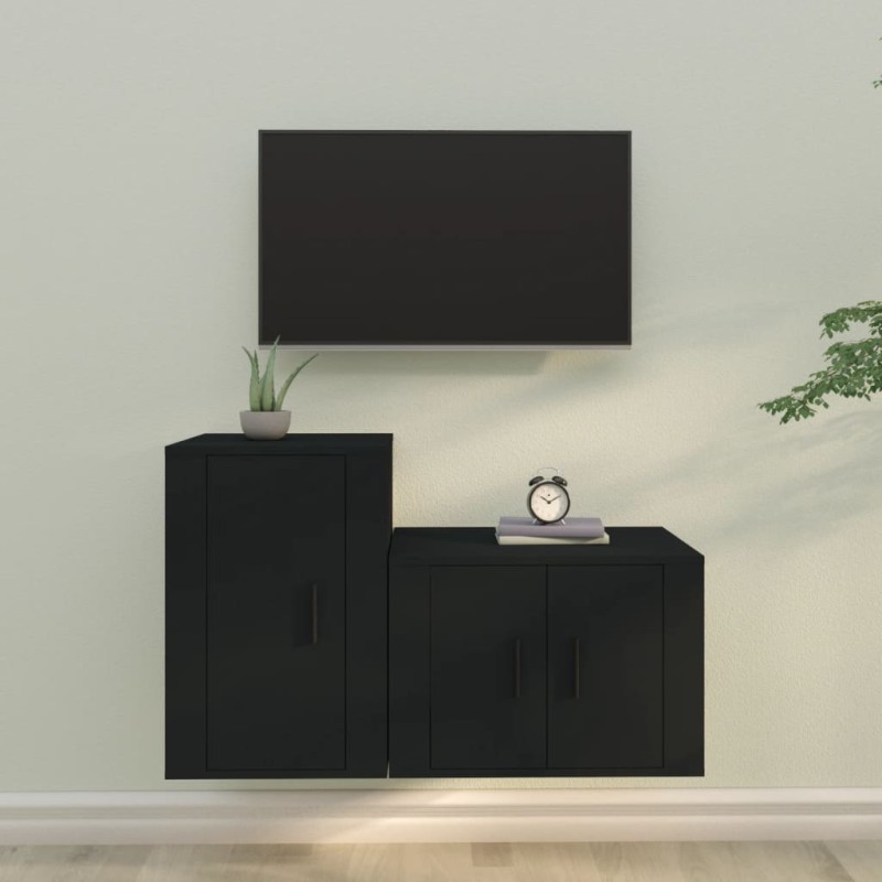 2 pcs conjunto móveis de TV derivados de madeira preto-Móveis de TV-Home Retail