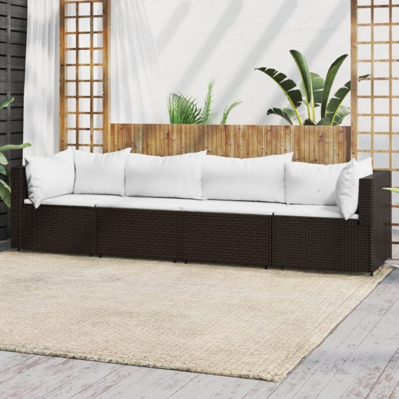 4 pcs conjunto lounge jardim c/ almofadões vime PE castanho-Sofás para exterior-Home Retail