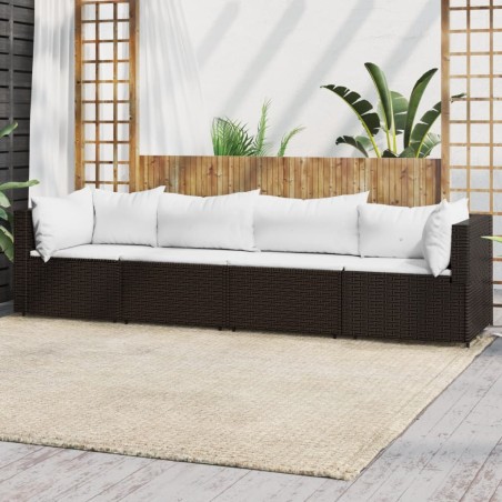 4 pcs conjunto lounge jardim c/ almofadões vime PE castanho