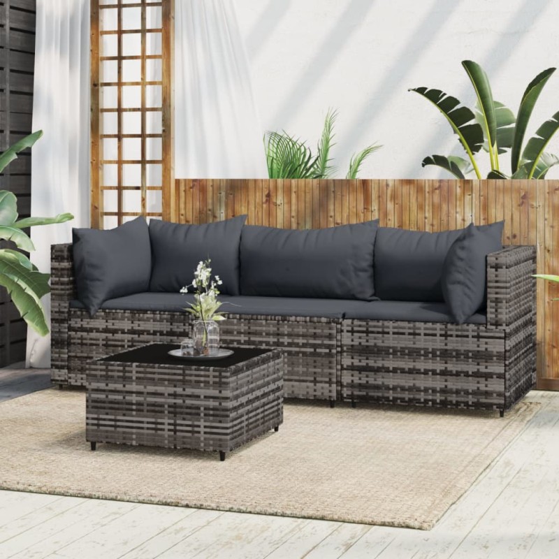 4 pcs conjunto lounge de jardim c/ almofadões vime PE cinzento-Sofás para exterior-Home Retail