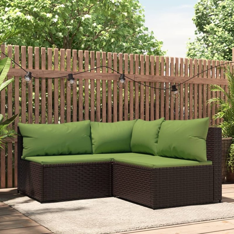 3 pcs conjunto lounge jardim c/ almofadões vime PE castanho-Sofás para exterior-Home Retail