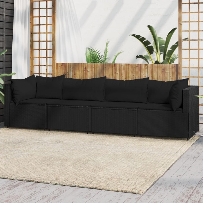 4 pcs conjunto lounge de jardim c/ almofadões vime PE preto-Sofás para exterior-Home Retail