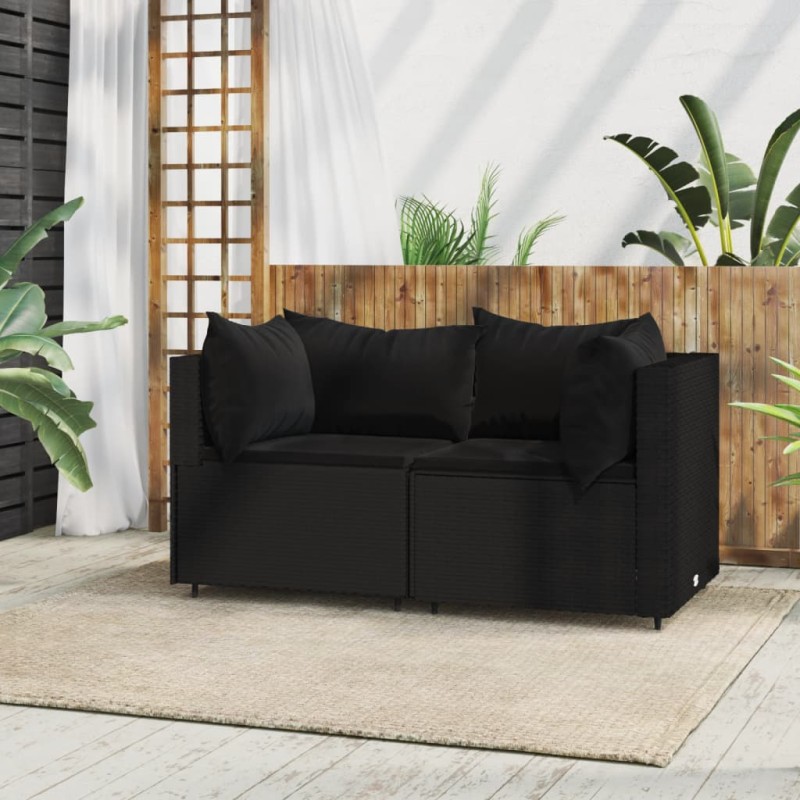 Sofás de canto p/ jardim c/ almofadões 2 pcs vime PE preto-Sofás para exterior-Home Retail