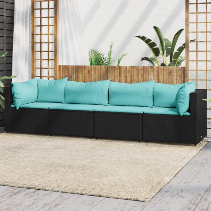 4 pcs conjunto lounge de jardim c/ almofadões vime PE preto-Sofás para exterior-Home Retail