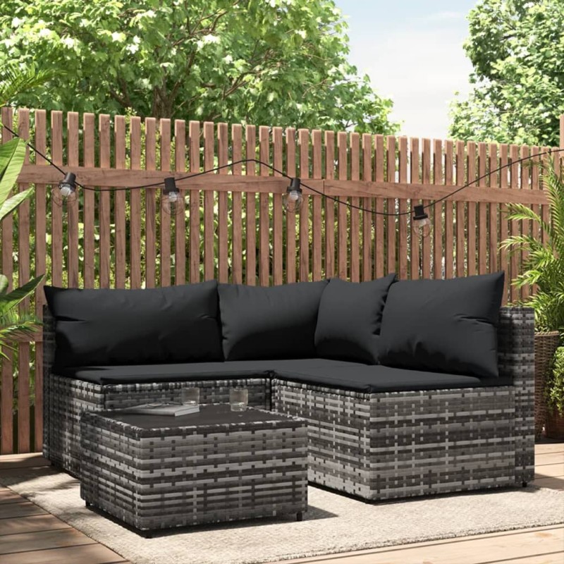 4 pcs conjunto lounge de jardim c/ almofadões vime PE cinzento-Sofás para exterior-Home Retail