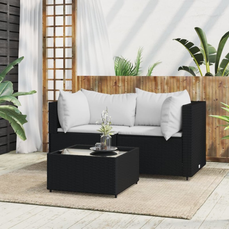 3 pcs conjunto lounge de jardim c/ almofadões vime PE preto-Sofás para exterior-Home Retail