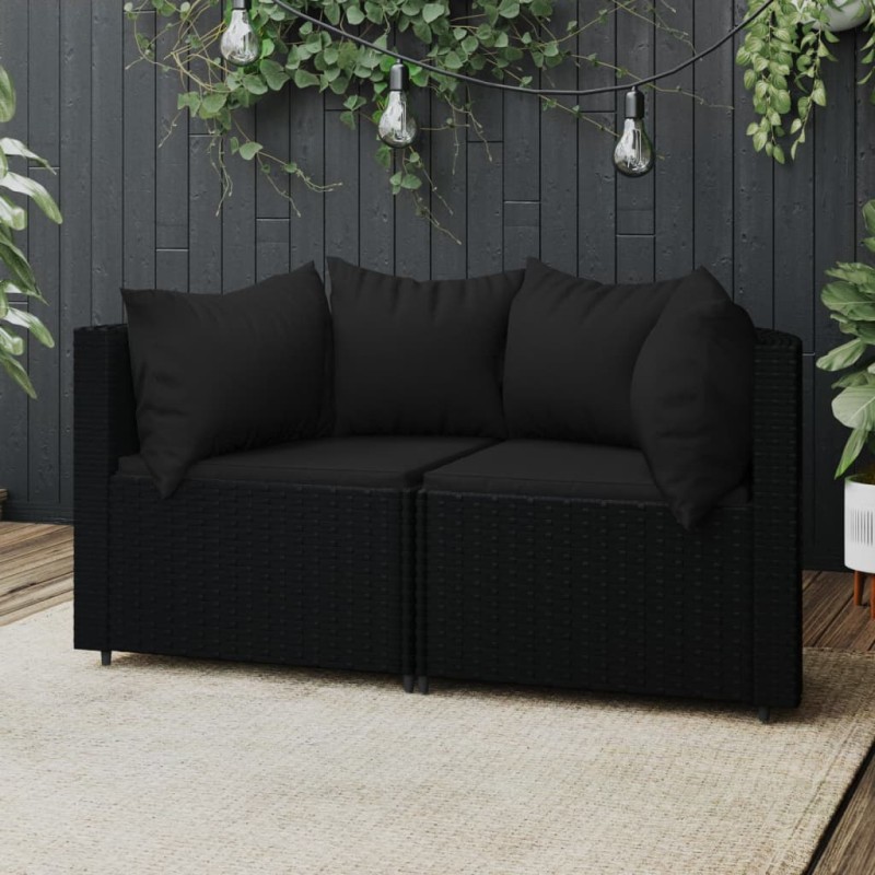 Sofás de canto p/ jardim c/ almofadões 2 pcs vime PE preto-Sofás para exterior-Home Retail