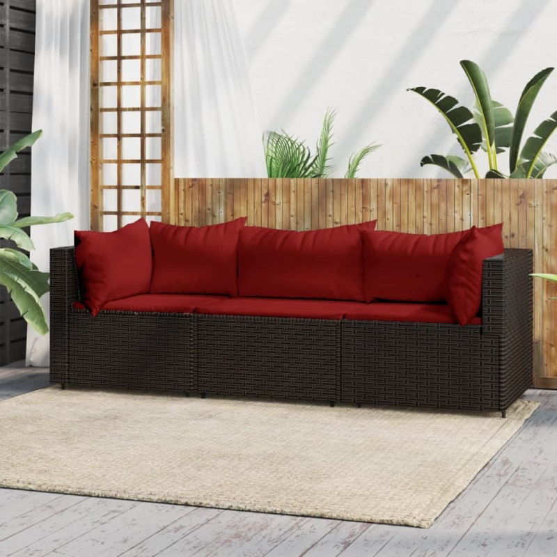 3 pcs conjunto lounge jardim c/ almofadões vime PE castanho-Sofás para exterior-Home Retail