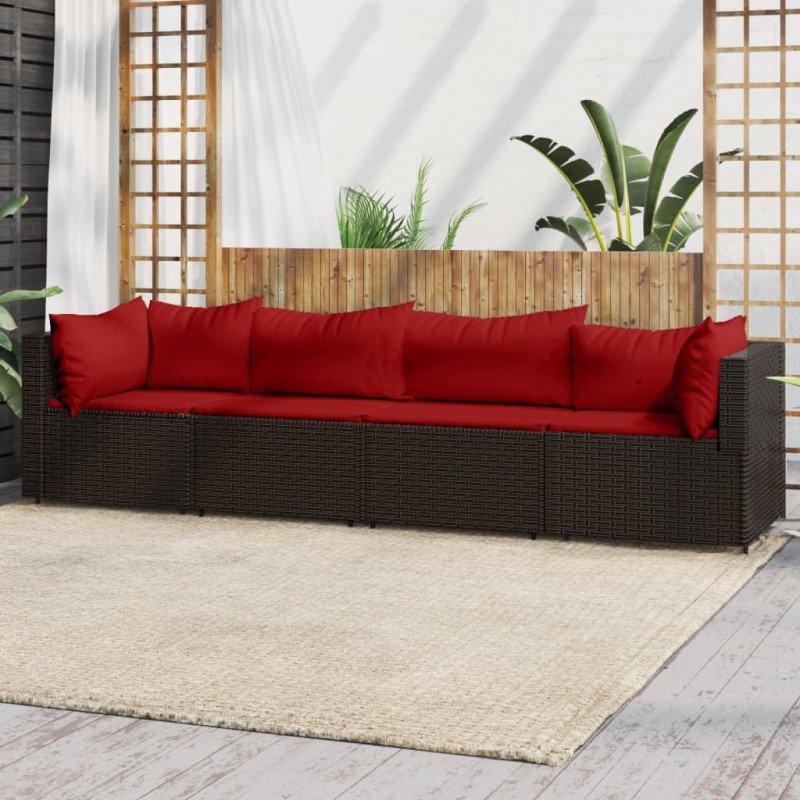 4 pcs conjunto lounge jardim c/ almofadões vime PE castanho-Sofás para exterior-Home Retail