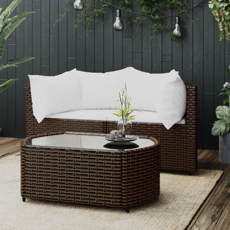 3 pcs conjunto lounge jardim c/ almofadões vime PE castanho-Sofás para exterior-Home Retail