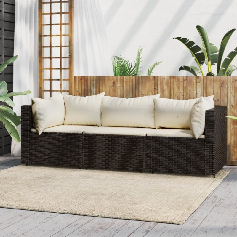 3 pcs conjunto lounge jardim c/ almofadões vime PE castanho-Sofás para exterior-Home Retail