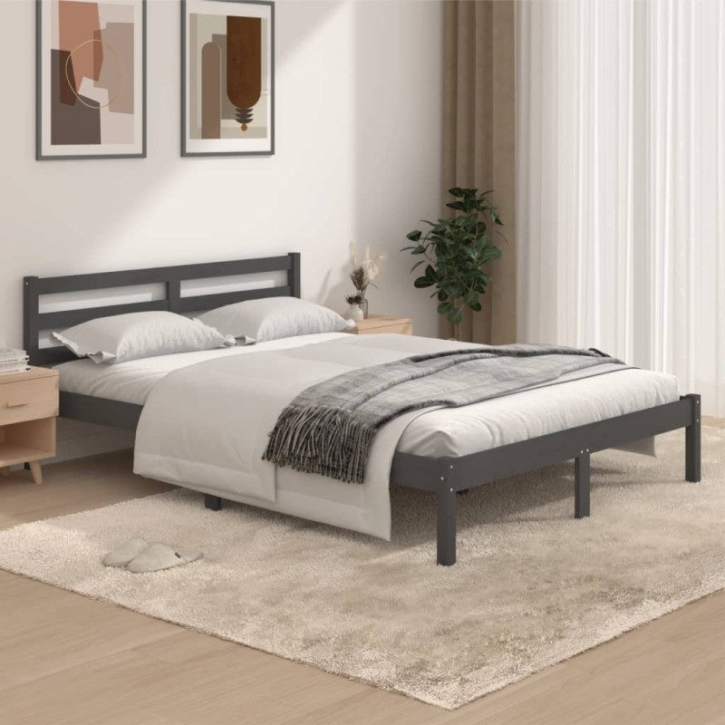 Estrutura de cama casal 135x190 cm pinho maciço cinzento-Camas e estruturas de camas-Home Retail