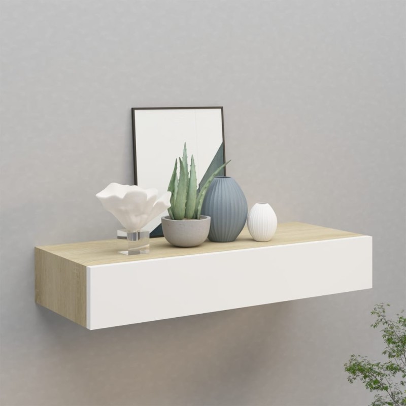 Prateleira de parede c/ gaveta MDF 60x23,5x10cm carvalho/branco-Prateleiras-Home Retail